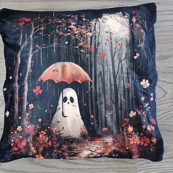 Halloween Decorative Throw Pillow Covers Ghost Forest Fall Leaves Zip Closure - Picture 2 of 8